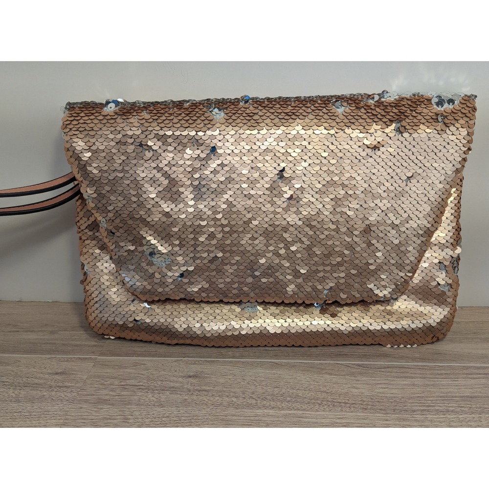 A New Day Rose Gold Silver Reversible Sequin Clutch Wristlet Evening Bag